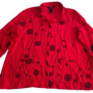 Ali Miles Tunic Womens Plus 1X Red Button Front 3/4 Sleeve Linen Blend Blouse